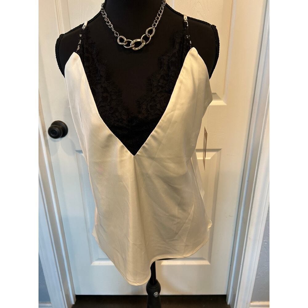 NWT JustFab White Satin & Black Lace Camisole Top - Small
